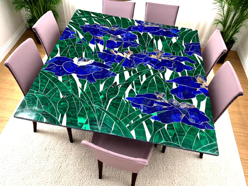 Semi Precious Mosaic Floral Lapis Malachite Patio Table